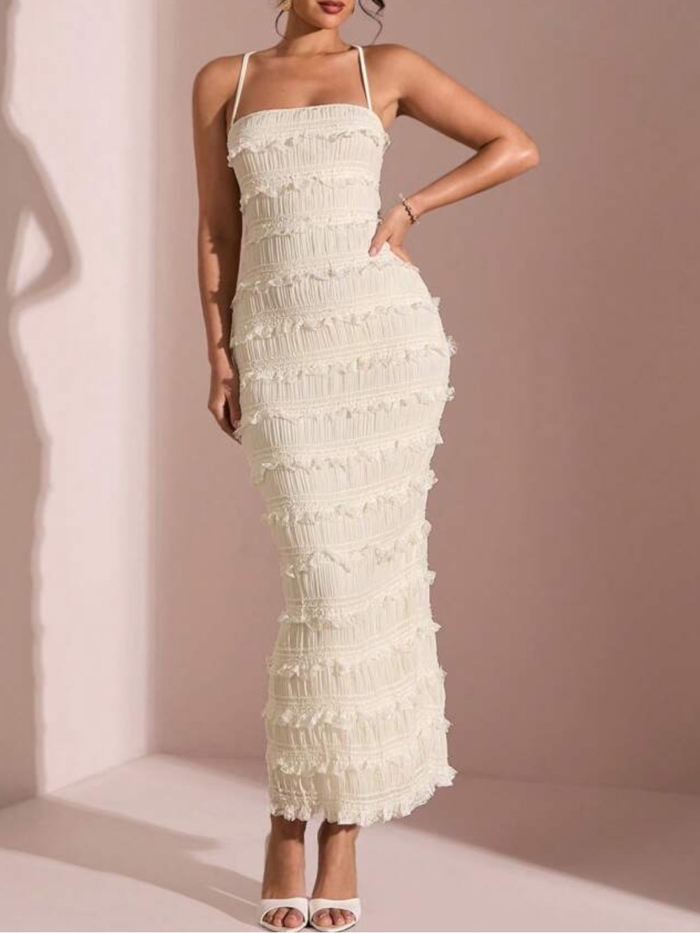 NEW 🤩 Elegant Ivory Fringe Maxi Dress with Spaghetti Straps (NEVER WORN)